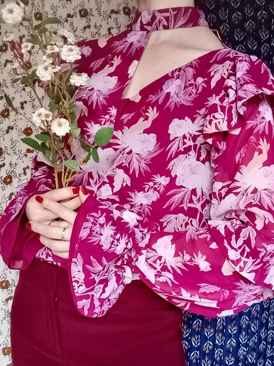 Tops - Three Floor ❉ Florry Georgette Asymmetrical Ruffle Choker Blouse Floral 2